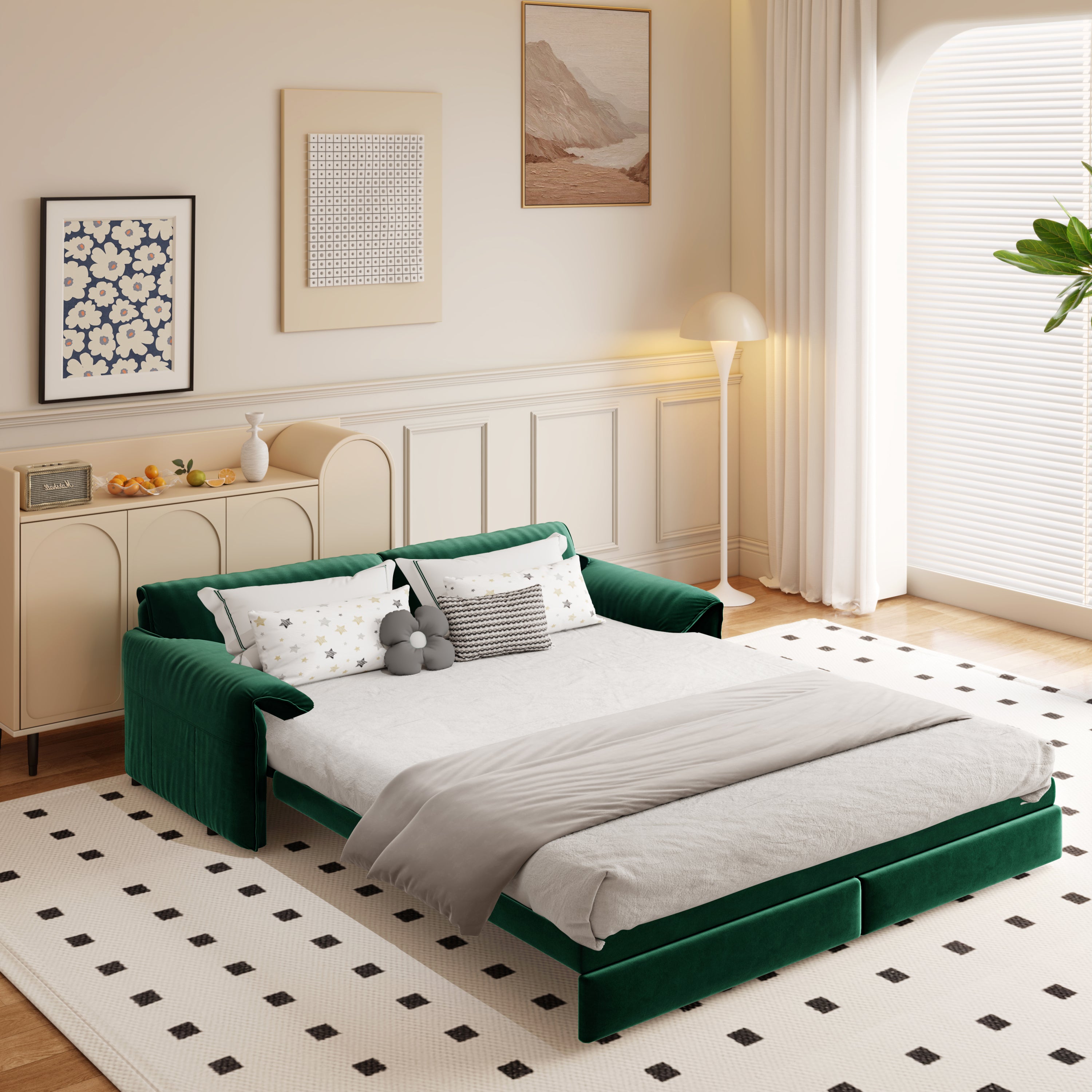 66' Queen Pull Out Sofa Bed, 3-in-1 Convertible Sleeper Sofa with Side Storage,Multi-Functional Velvet Loveseat Bed for Living Room,Bedroom,Apartment,Office Sofa