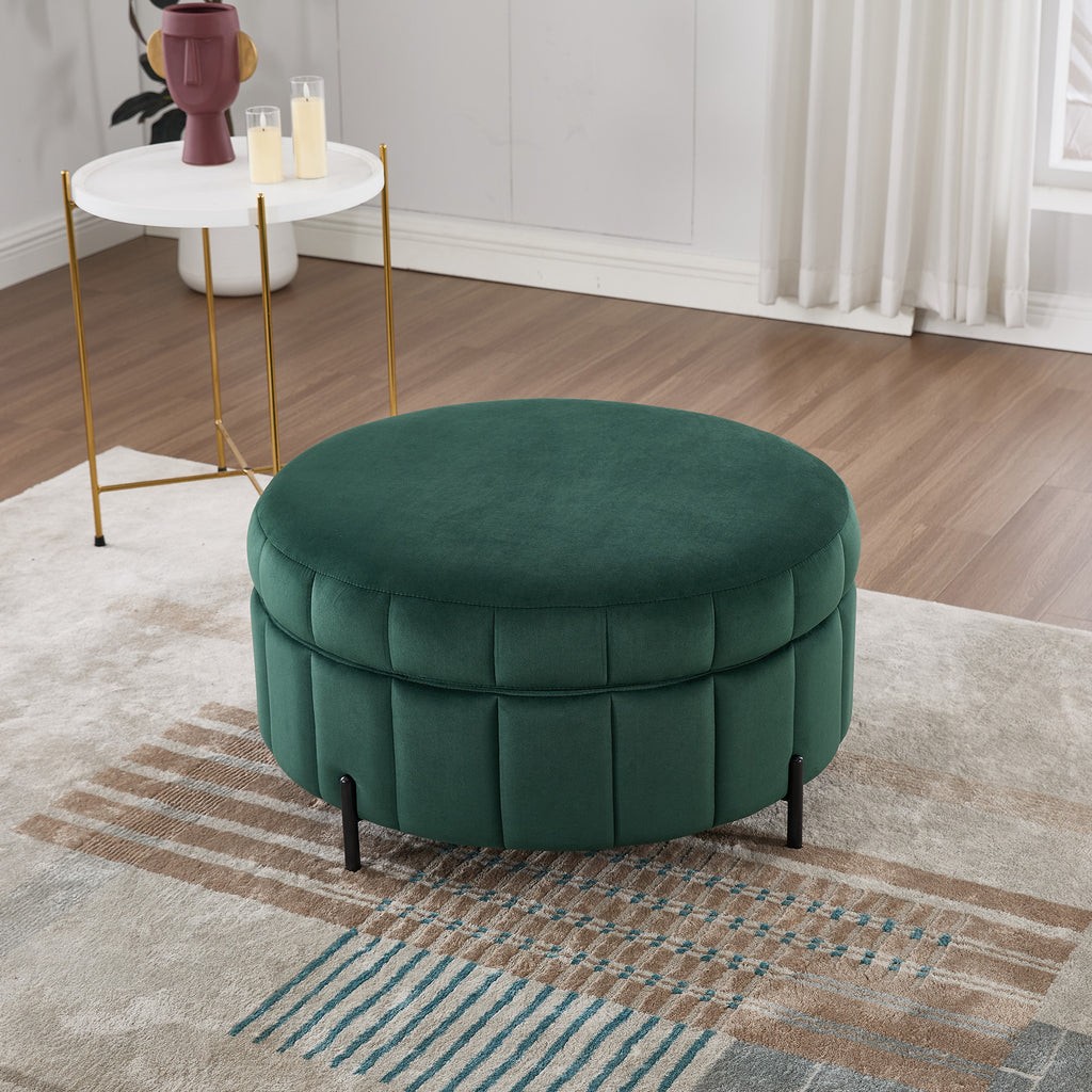 31.5'W Upholstered Round Ottoman With Reversible Lid, Velvet Storage Stool, Channel Tufted Pumpkin-shape Footstool for Living room, Bedroom and Office, Green