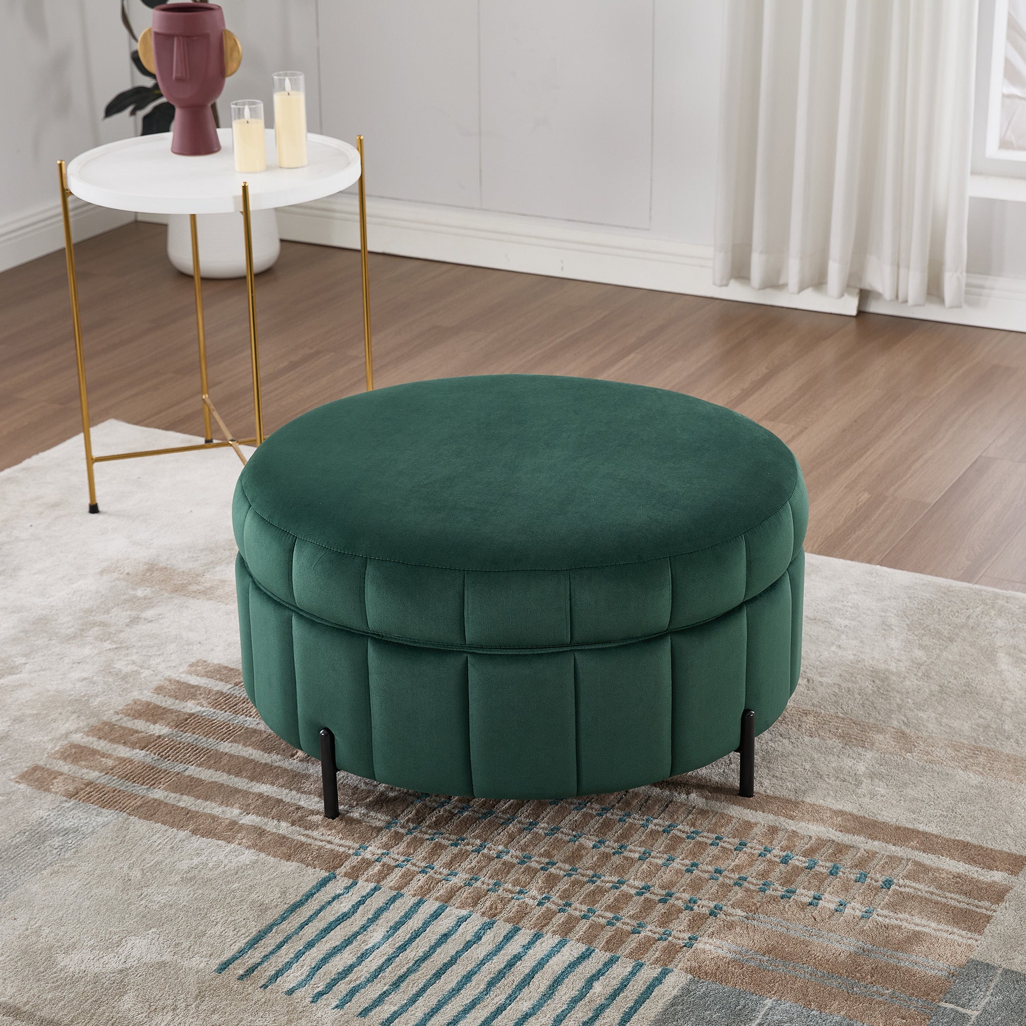 31.5'W Upholstered Round Ottoman With Reversible Lid, Velvet Storage Stool, Channel Tufted Pumpkin-shape Footstool for Living room, Bedroom and Office, Green