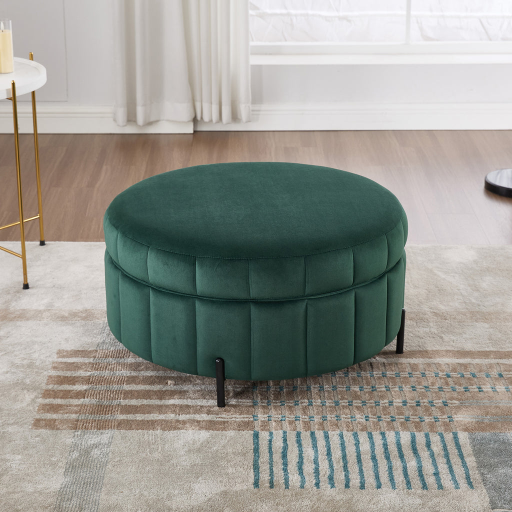 31.5'W Upholstered Round Ottoman With Reversible Lid, Velvet Storage Stool, Channel Tufted Pumpkin-shape Footstool for Living room, Bedroom and Office, Green