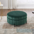 31.5'W Upholstered Round Ottoman With Reversible Lid, Velvet Storage Stool, Channel Tufted Pumpkin-shape Footstool for Living room, Bedroom and Office, Green