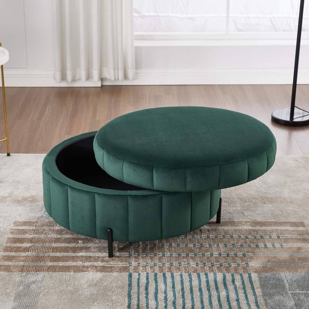 31.5'W Upholstered Round Ottoman With Reversible Lid, Velvet Storage Stool, Channel Tufted Pumpkin-shape Footstool for Living room, Bedroom and Office, Green