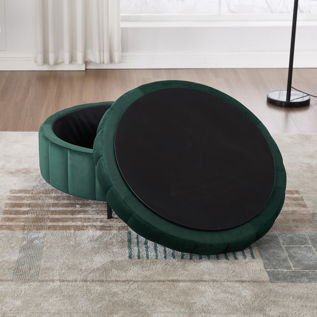 31.5'W Upholstered Round Ottoman With Reversible Lid, Velvet Storage Stool, Channel Tufted Pumpkin-shape Footstool for Living room, Bedroom and Office, Green