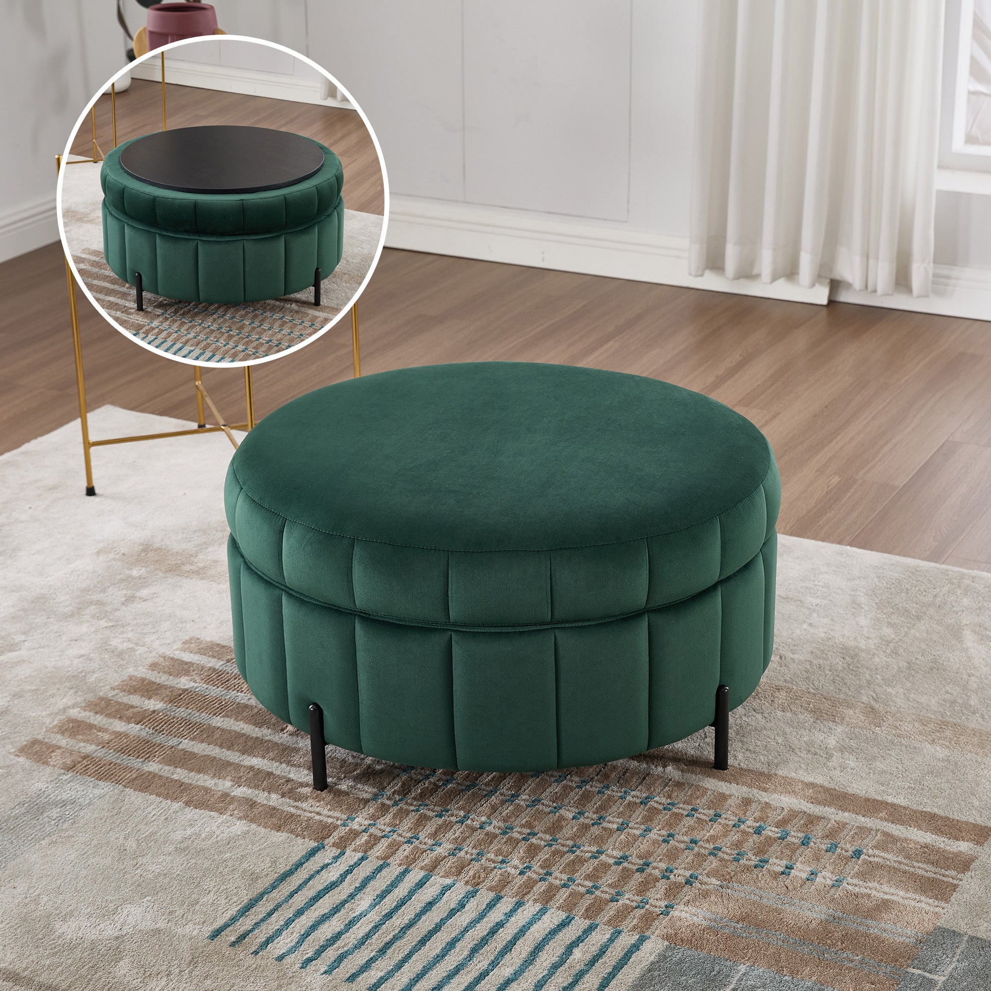 31.5'W Upholstered Round Ottoman With Reversible Lid, Velvet Storage Stool, Channel Tufted Pumpkin-shape Footstool for Living room, Bedroom and Office, Green