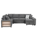 109" U-shaped Sectional Sofa Pull-out Sofa Bed with Two USB Ports, a Storage Chaise Lounge and Four Back Pillows for Living Room, Grey