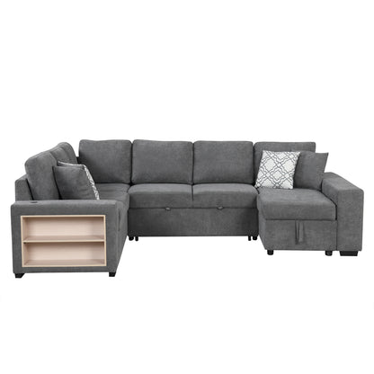109" U-shaped Sectional Sofa Pull-out Sofa Bed with Two USB Ports, a Storage Chaise Lounge and Four Back Pillows for Living Room, Grey