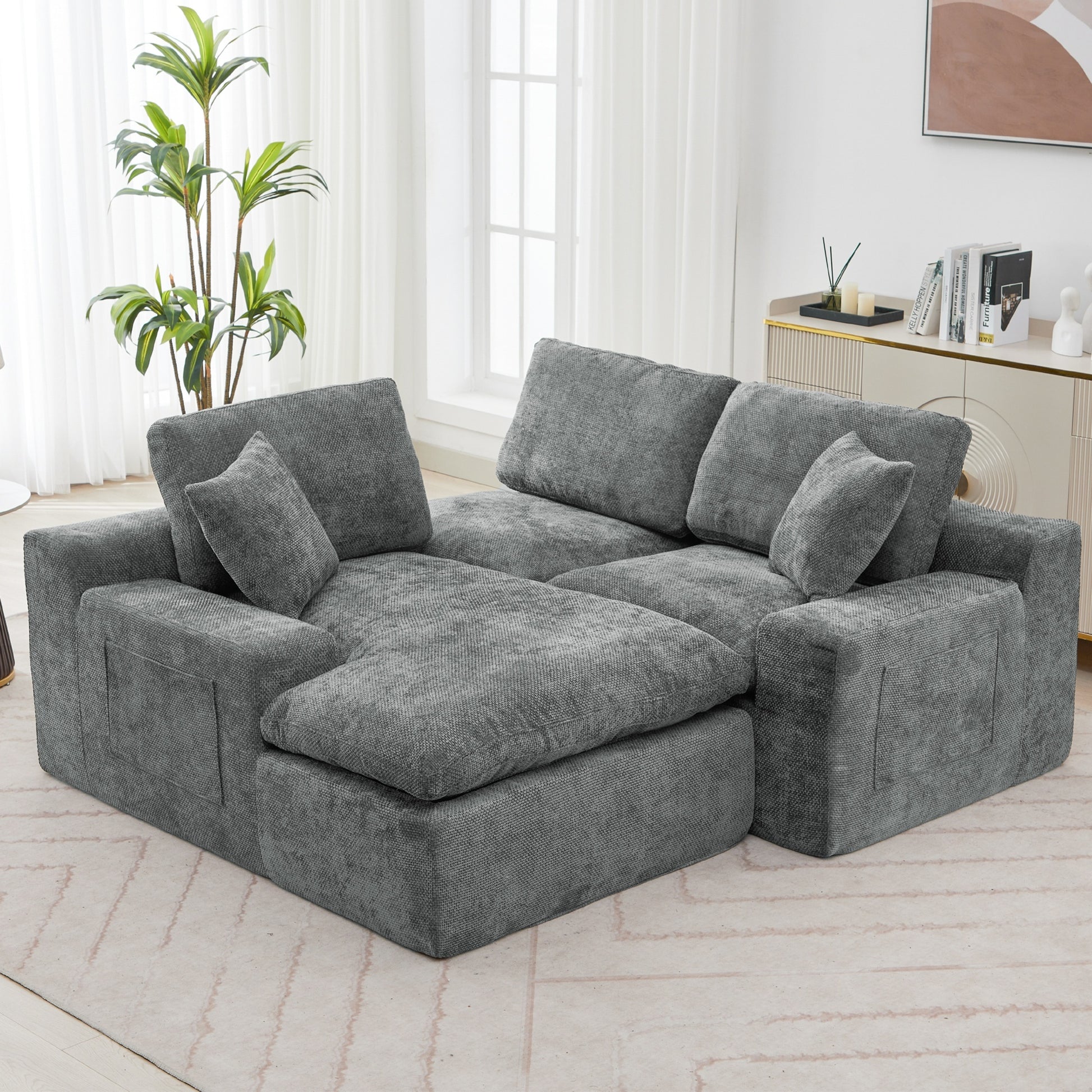 Cloud Sectional Sofa 107.9' Upholstered Sofa Couch with Double-layer Cushion and Side Pockets, Free-combined Sectional Sofa Full-compressed Sofa for Living Room, Grey