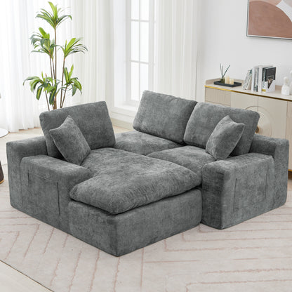 Cloud Sectional Sofa 107.9' Upholstered Sofa Couch with Double-layer Cushion and Side Pockets, Free-combined Sectional Sofa Full-compressed Sofa for Living Room, Grey