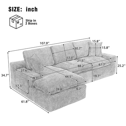 Cloud Sectional Sofa 107.9' Upholstered Sofa Couch with Double-layer Cushion and Side Pockets, Free-combined Sectional Sofa Full-compressed Sofa for Living Room, Grey
