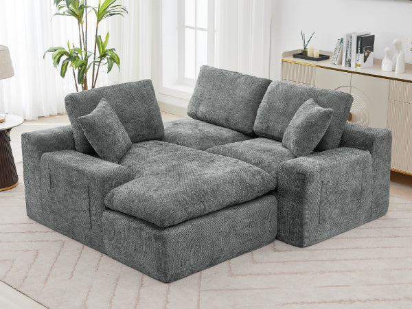 Cloud Sectional Sofa 107.9' Upholstered Sofa Couch with Double-layer Cushion and Side Pockets, Free-combined Sectional Sofa Full-compressed Sofa for Living Room, Grey