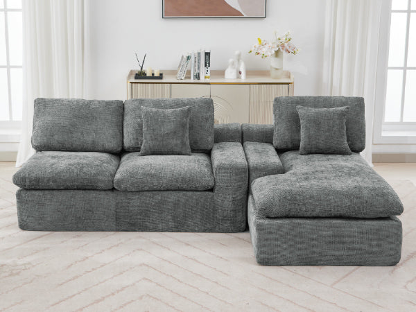 Cloud Sectional Sofa 107.9' Upholstered Sofa Couch with Double-layer Cushion and Side Pockets, Free-combined Sectional Sofa Full-compressed Sofa for Living Room, Grey