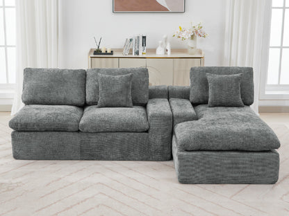 Cloud Sectional Sofa 107.9' Upholstered Sofa Couch with Double-layer Cushion and Side Pockets, Free-combined Sectional Sofa Full-compressed Sofa for Living Room, Grey