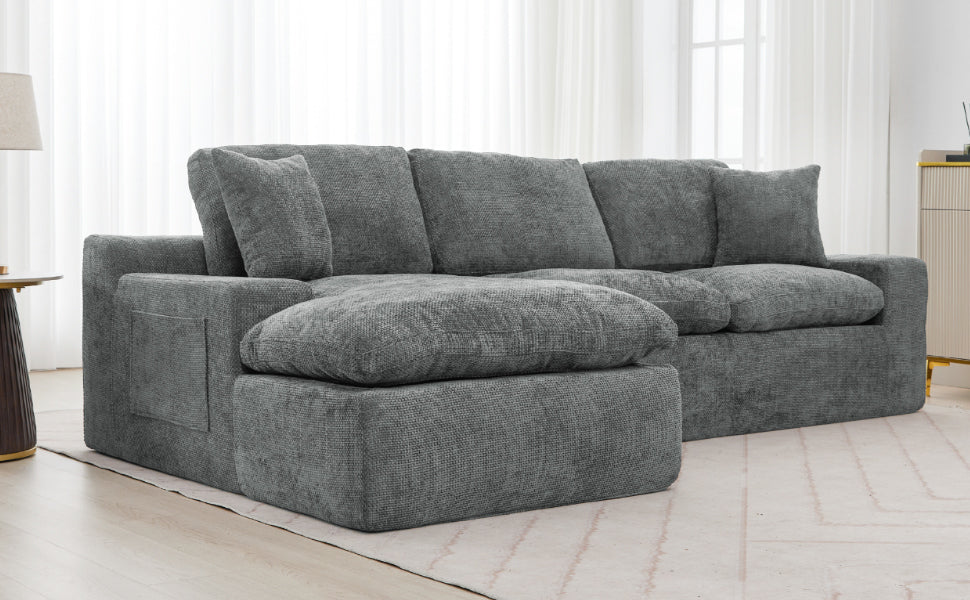 Cloud Sectional Sofa 107.9' Upholstered Sofa Couch with Double-layer Cushion and Side Pockets, Free-combined Sectional Sofa Full-compressed Sofa for Living Room, Grey