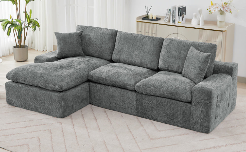 Cloud Sectional Sofa 107.9' Upholstered Sofa Couch with Double-layer Cushion and Side Pockets, Free-combined Sectional Sofa Full-compressed Sofa for Living Room, Grey