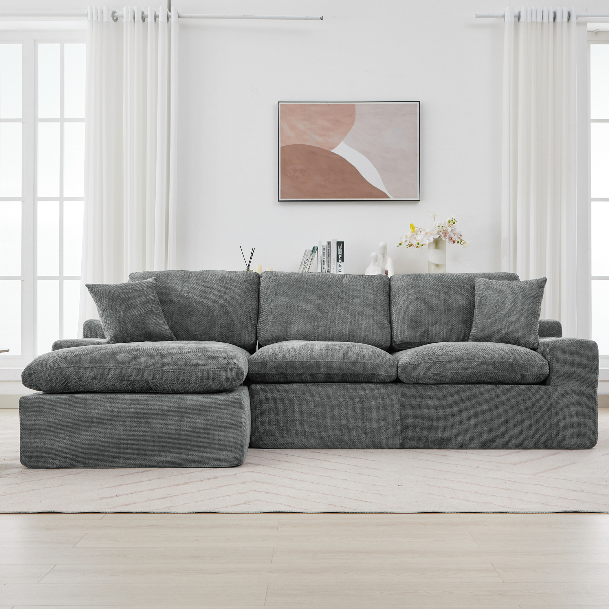 Cloud Sectional Sofa 107.9' Upholstered Sofa Couch with Double-layer Cushion and Side Pockets, Free-combined Sectional Sofa Full-compressed Sofa for Living Room, Grey