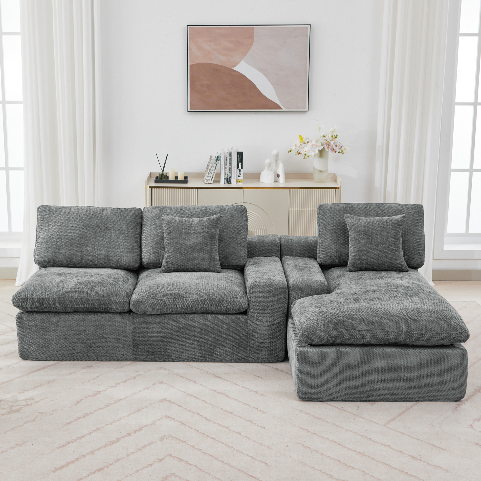 Cloud Sectional Sofa 107.9' Upholstered Sofa Couch with Double-layer Cushion and Side Pockets, Free-combined Sectional Sofa Full-compressed Sofa for Living Room, Grey