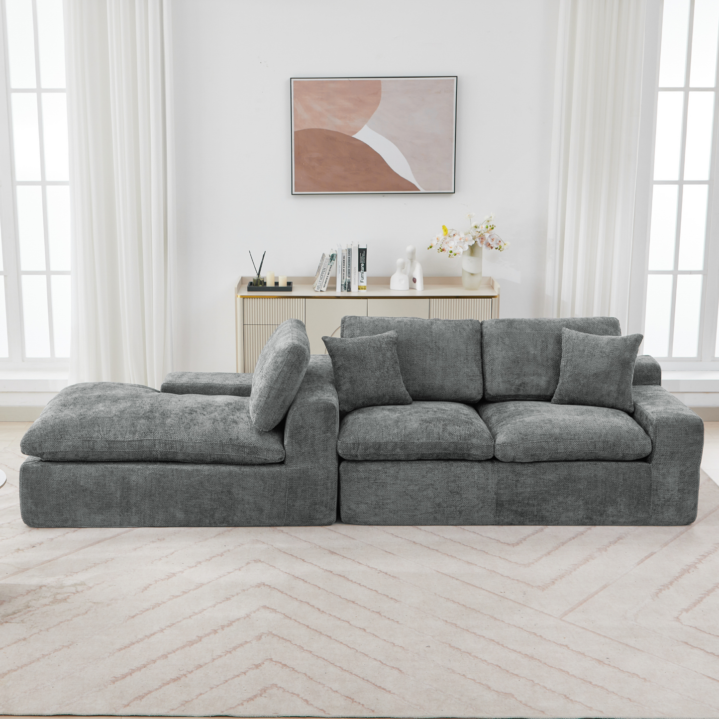 Cloud Sectional Sofa 107.9' Upholstered Sofa Couch with Double-layer Cushion and Side Pockets, Free-combined Sectional Sofa Full-compressed Sofa for Living Room, Grey
