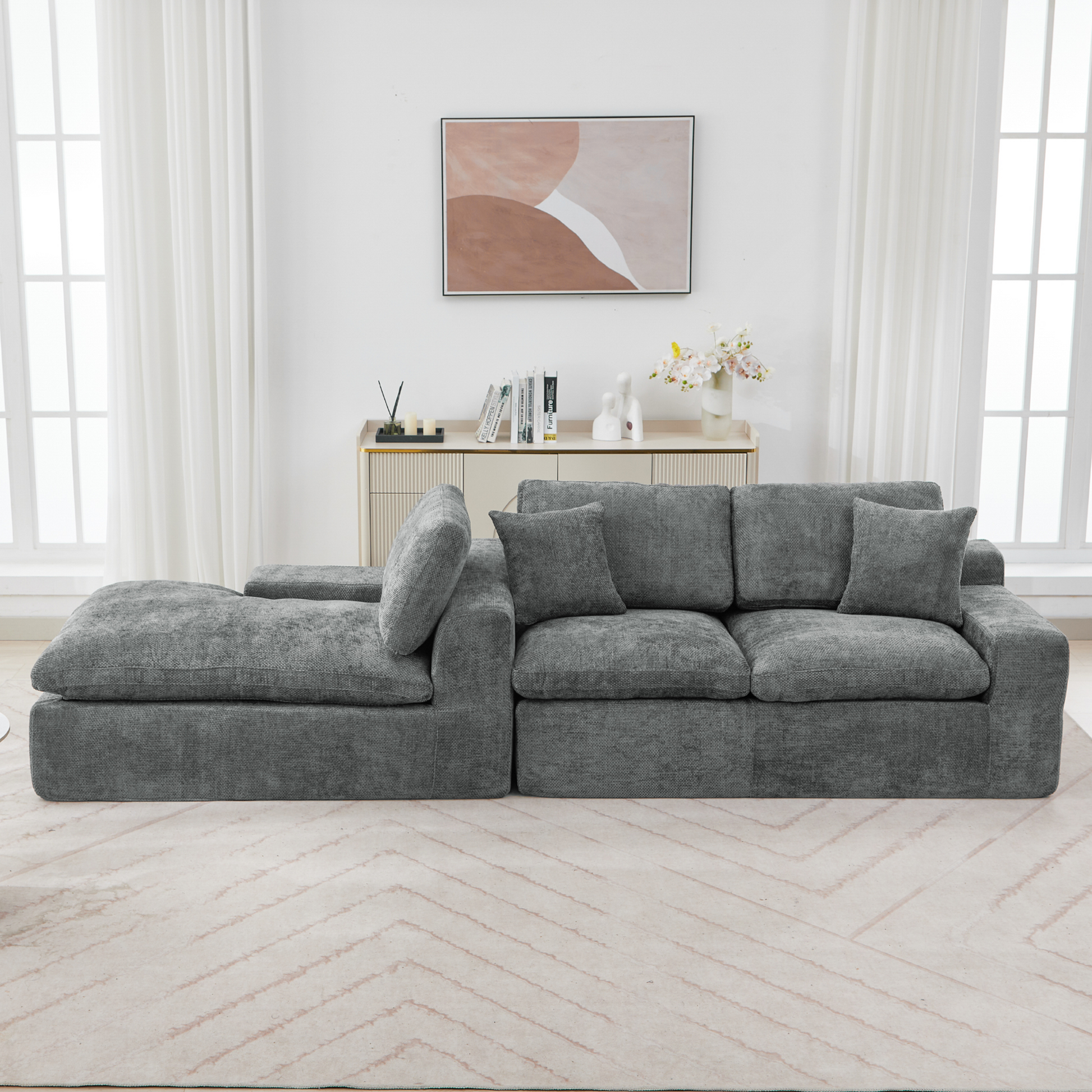 Cloud Sectional Sofa 107.9' Upholstered Sofa Couch with Double-layer Cushion and Side Pockets, Free-combined Sectional Sofa Full-compressed Sofa for Living Room, Grey