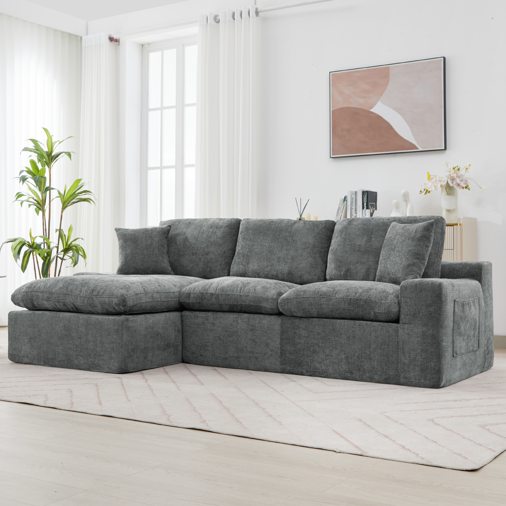 Cloud Sectional Sofa 107.9' Upholstered Sofa Couch with Double-layer Cushion and Side Pockets, Free-combined Sectional Sofa Full-compressed Sofa for Living Room, Grey
