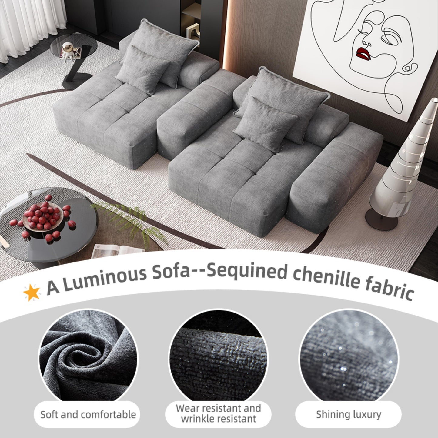 Modern Oversized Modular Sectional Sofa with 2 chaise lounge and 2 armrest,Sparkling Chenille Fabric Soft Cushion Sofa with 4 Pillows,4 PCS DIY Combination Tufted Sofa,No Assembly Required,GREY