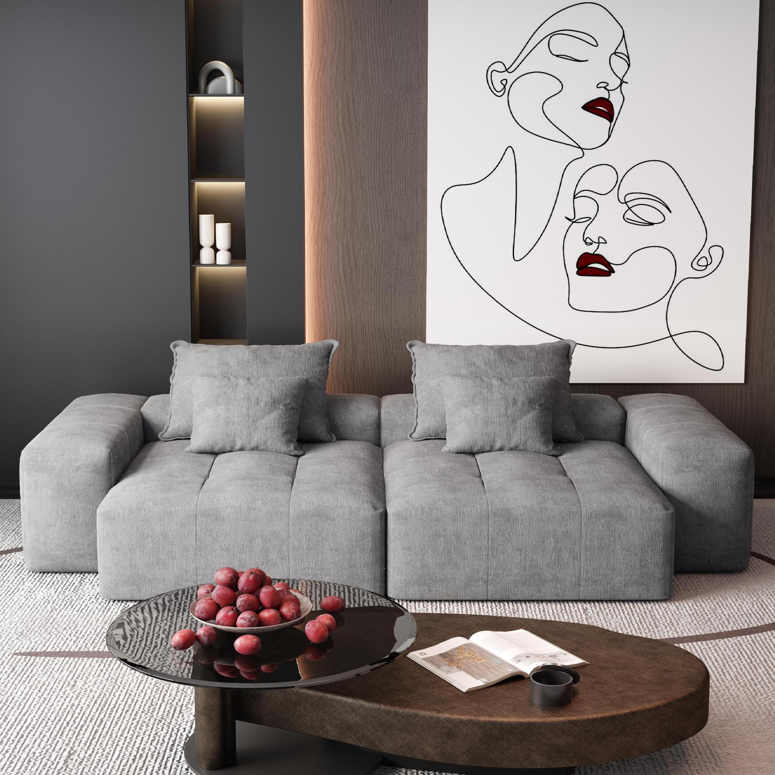 Modern Oversized Modular Sectional Sofa with 2 chaise lounge and 2 armrest,Sparkling Chenille Fabric Soft Cushion Sofa with 4 Pillows,4 PCS DIY Combination Tufted Sofa,No Assembly Required,GREY