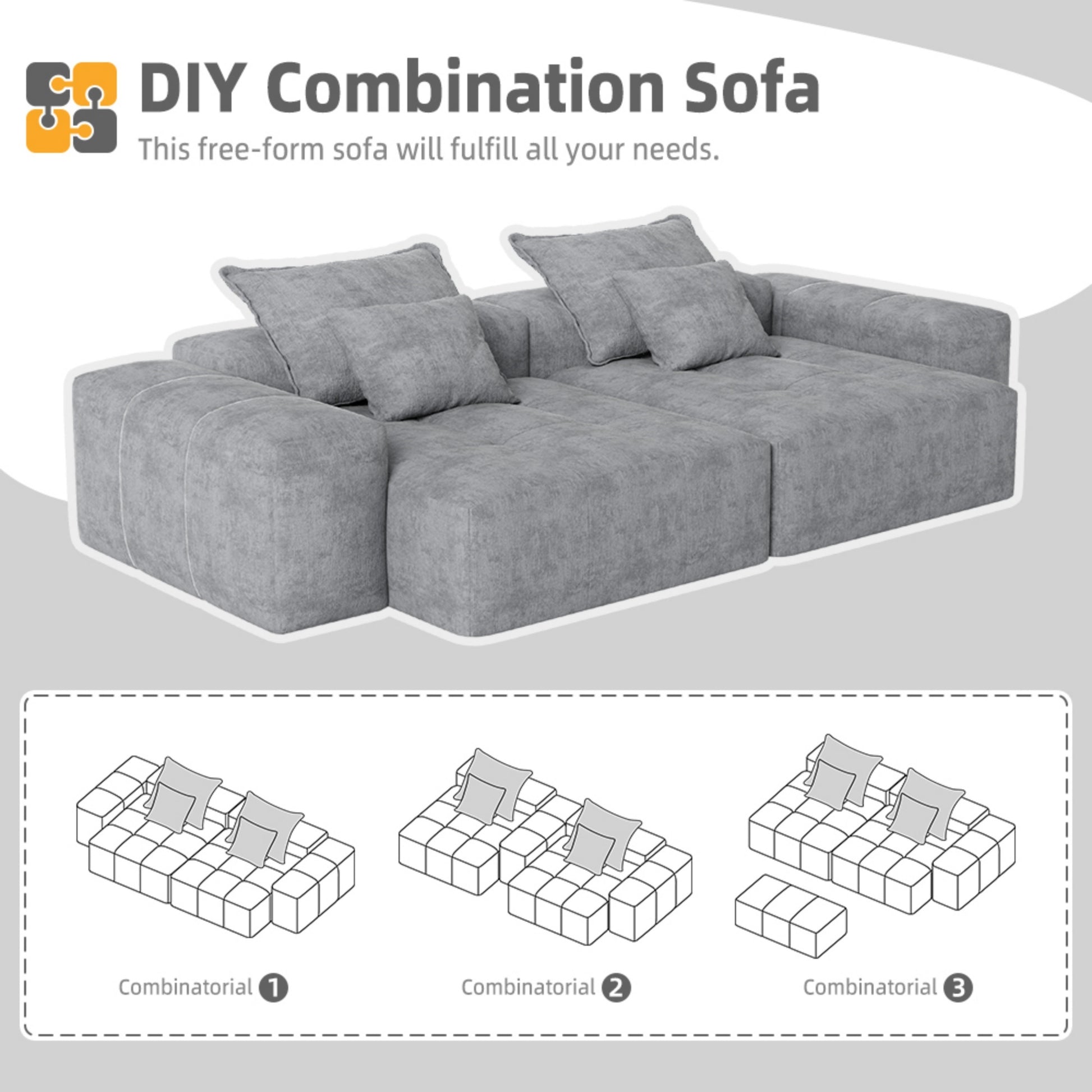 Modern Oversized Modular Sectional Sofa with 2 chaise lounge and 2 armrest,Sparkling Chenille Fabric Soft Cushion Sofa with 4 Pillows,4 PCS DIY Combination Tufted Sofa,No Assembly Required,GREY