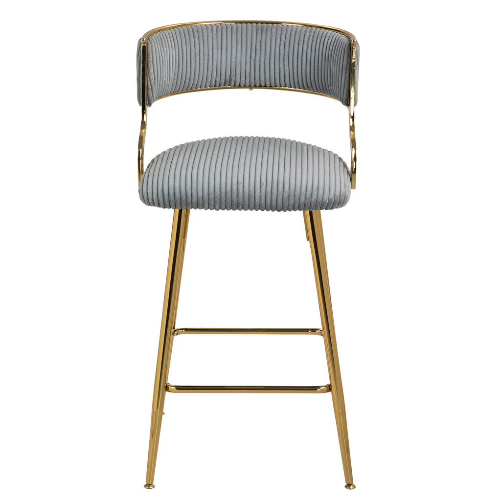 SET OF 2,26'' Counter height bar stools Corduroy kitchen island counter bar stool with back,golden chromed base and footrest (GREY)