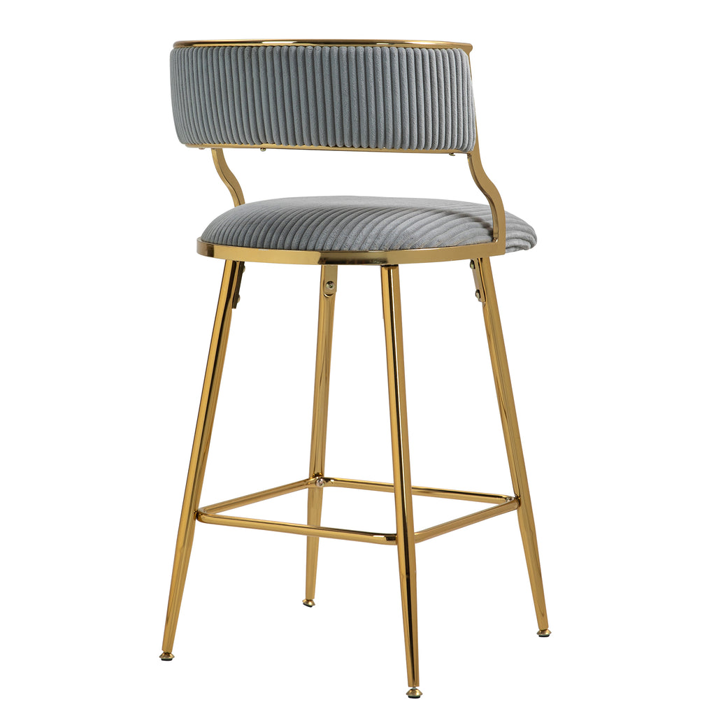 SET OF 2,26'' Counter height bar stools Corduroy kitchen island counter bar stool with back,golden chromed base and footrest (GREY)