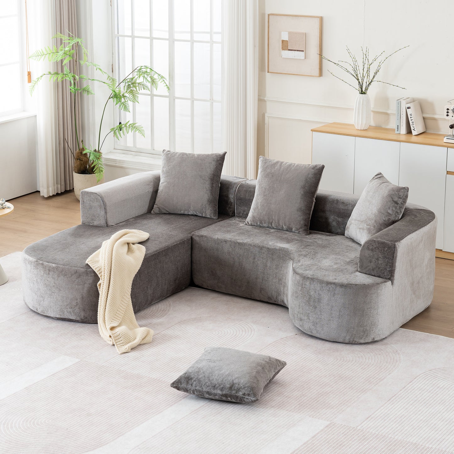 Modular Grey-Corduroy Fabric Sectional Sofa with L-Shape Chaise, Cloud Sectional Modern Sleeper Couch with Deep Seat,Sponge Compression Sofas No Assembly Required