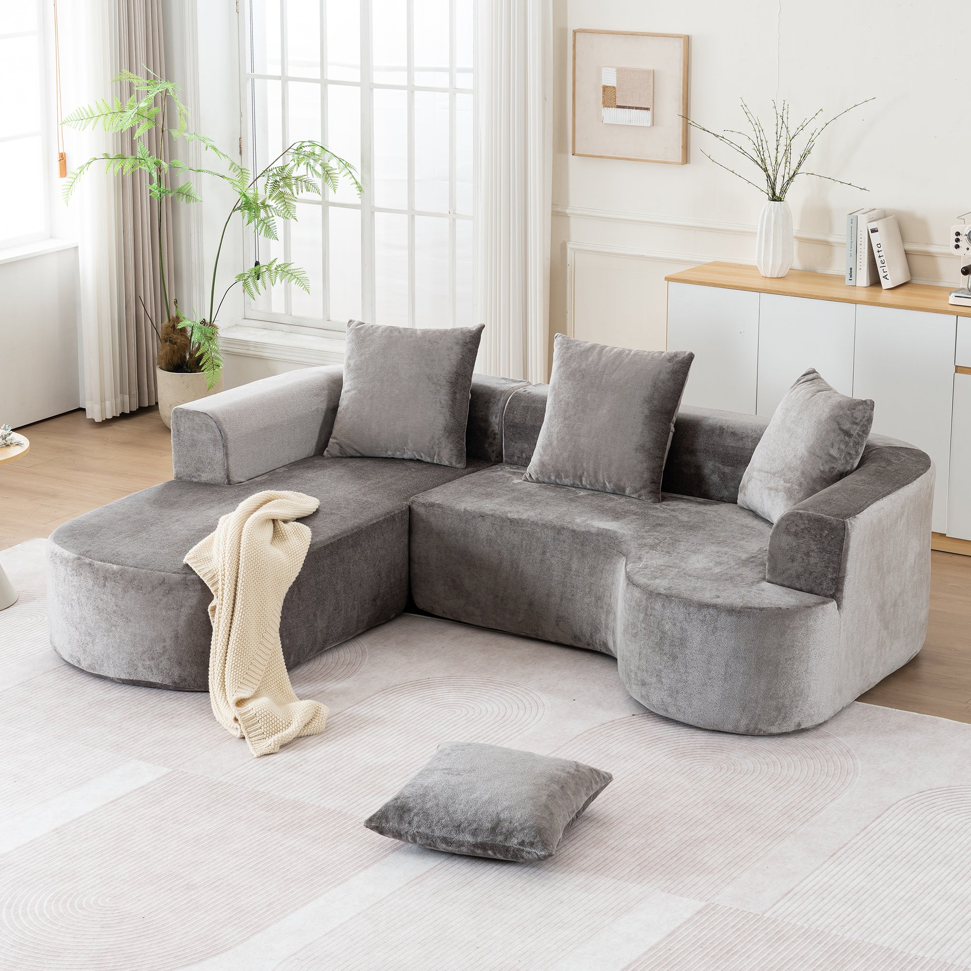 Modular Grey-Corduroy Fabric Sectional Sofa with L-Shape Chaise, Cloud Sectional Modern Sleeper Couch with Deep Seat,Sponge Compression Sofas No Assembly Required