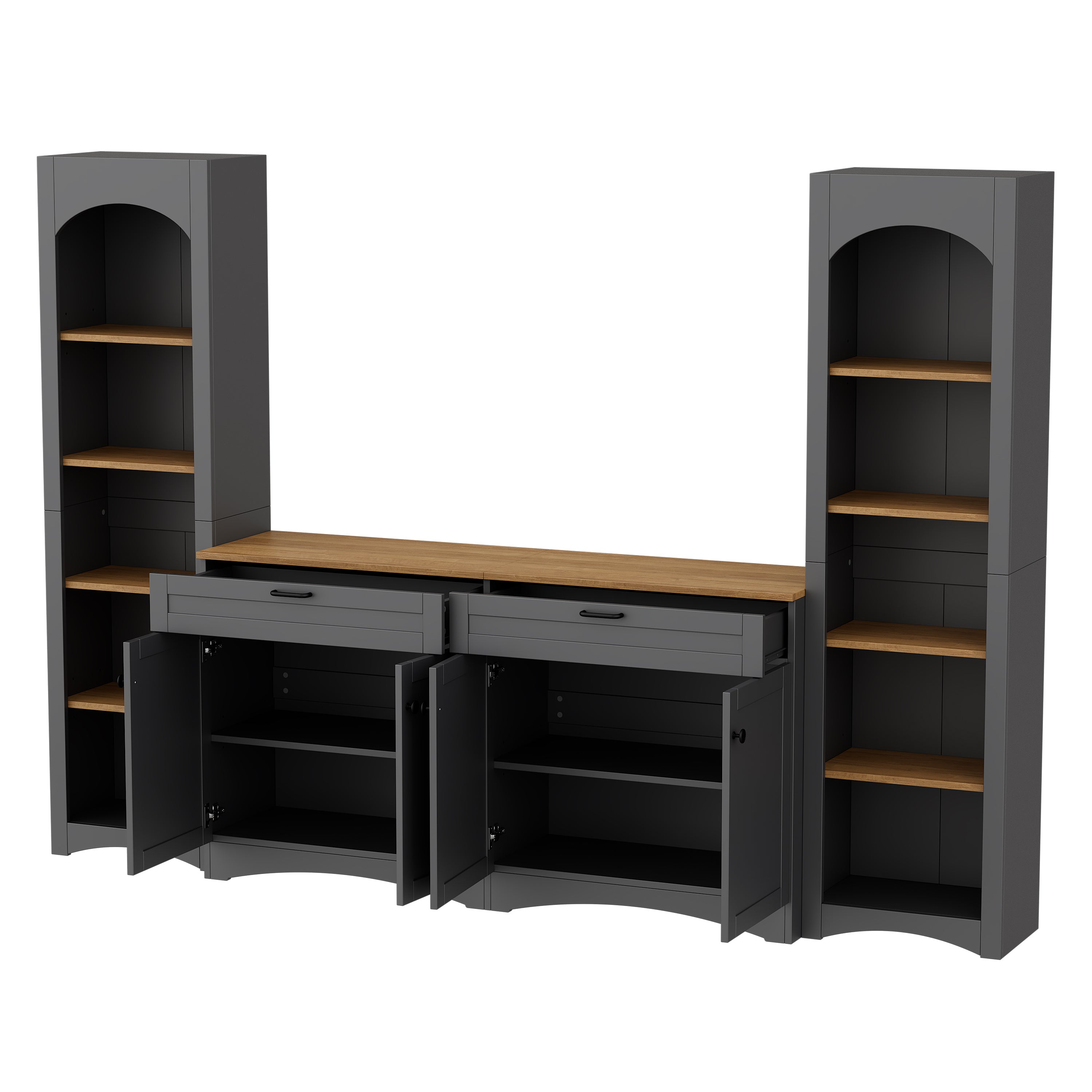 ON-TREND 3-Piece Farmhouse Entertainment Center with Storage Cabinet for TVs Up to 70', Mid-Century TV Stand with Bookshelf, Rustic Versatile Sideboard with Adjustable Shelves for Living Room, Grey