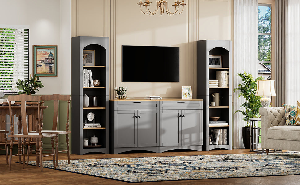 ON-TREND 3-Piece Farmhouse Entertainment Center with Storage Cabinet for TVs Up to 70', Mid-Century TV Stand with Bookshelf, Rustic Versatile Sideboard with Adjustable Shelves for Living Room, Grey