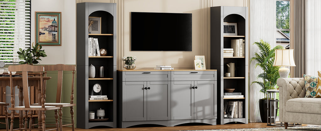ON-TREND 3-Piece Farmhouse Entertainment Center with Storage Cabinet for TVs Up to 70', Mid-Century TV Stand with Bookshelf, Rustic Versatile Sideboard with Adjustable Shelves for Living Room, Grey