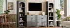 ON-TREND 3-Piece Farmhouse Entertainment Center with Storage Cabinet for TVs Up to 70', Mid-Century TV Stand with Bookshelf, Rustic Versatile Sideboard with Adjustable Shelves for Living Room, Grey