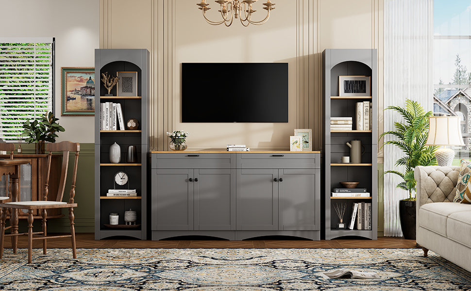 ON-TREND 3-Piece Farmhouse Entertainment Center with Storage Cabinet for TVs Up to 70', Mid-Century TV Stand with Bookshelf, Rustic Versatile Sideboard with Adjustable Shelves for Living Room, Grey