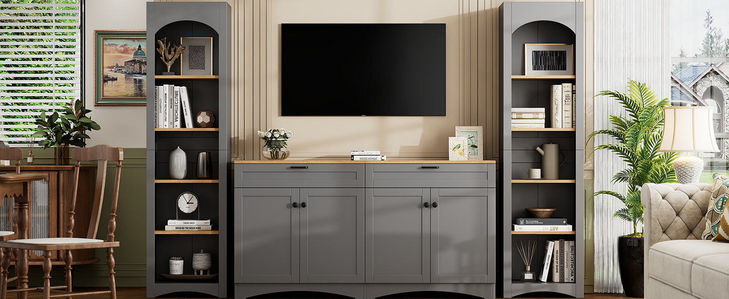ON-TREND 3-Piece Farmhouse Entertainment Center with Storage Cabinet for TVs Up to 70', Mid-Century TV Stand with Bookshelf, Rustic Versatile Sideboard with Adjustable Shelves for Living Room, Grey