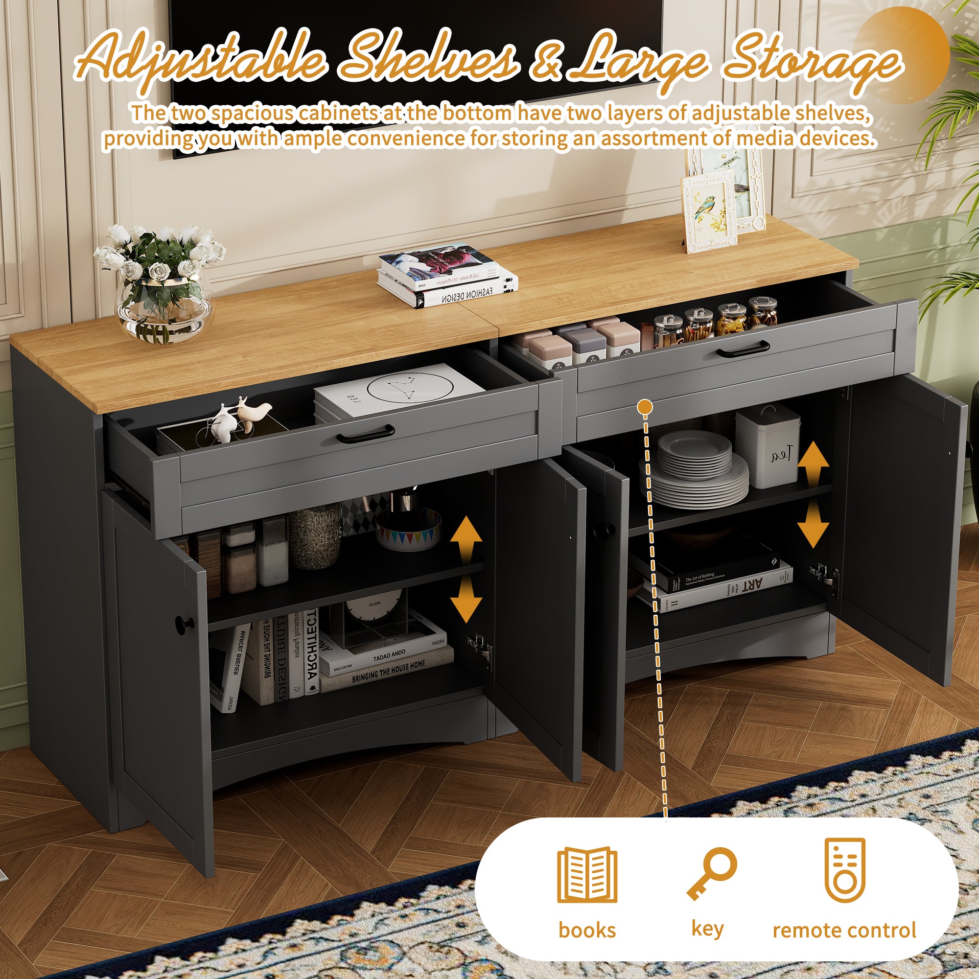 ON-TREND 3-Piece Farmhouse Entertainment Center with Storage Cabinet for TVs Up to 70', Mid-Century TV Stand with Bookshelf, Rustic Versatile Sideboard with Adjustable Shelves for Living Room, Grey