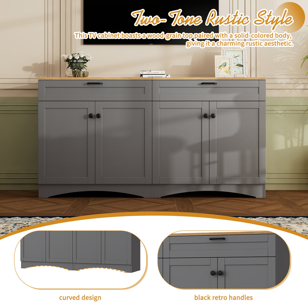 ON-TREND 3-Piece Farmhouse Entertainment Center with Storage Cabinet for TVs Up to 70', Mid-Century TV Stand with Bookshelf, Rustic Versatile Sideboard with Adjustable Shelves for Living Room, Grey