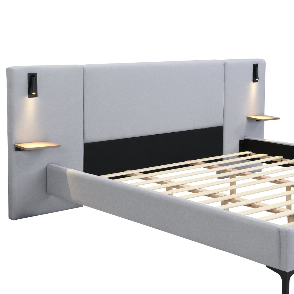 Chic Linen Upholstered Bed with Integrated Lights and Shelves, Grey, King Bed Frame