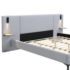 Chic Linen Upholstered Bed with Integrated Lights and Shelves, Grey, King Bed Frame