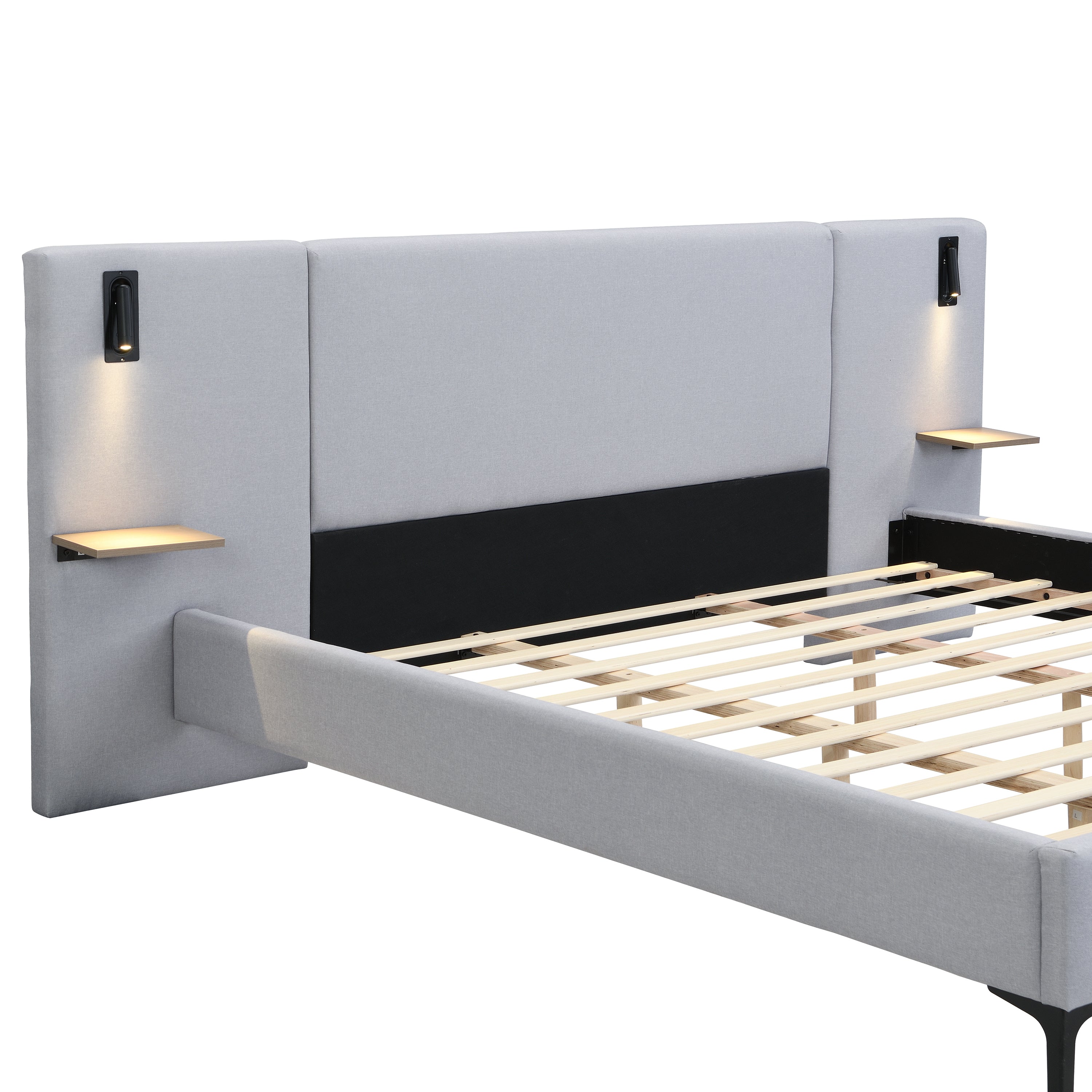 Chic Linen Upholstered Bed with Integrated Lights and Shelves, Grey, King Bed Frame