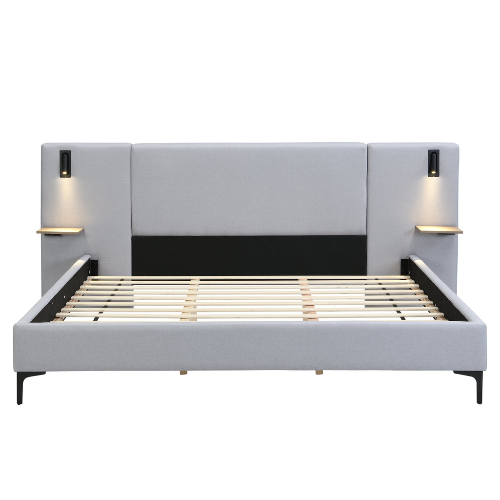 Chic Linen Upholstered Bed with Integrated Lights and Shelves, Grey, King Bed Frame