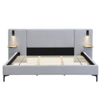 Chic Linen Upholstered Bed with Integrated Lights and Shelves, Grey, King Bed Frame