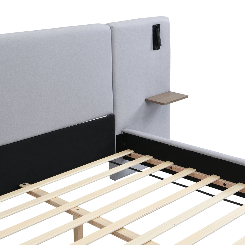 Chic Linen Upholstered Bed with Integrated Lights and Shelves, Grey, King Bed Frame