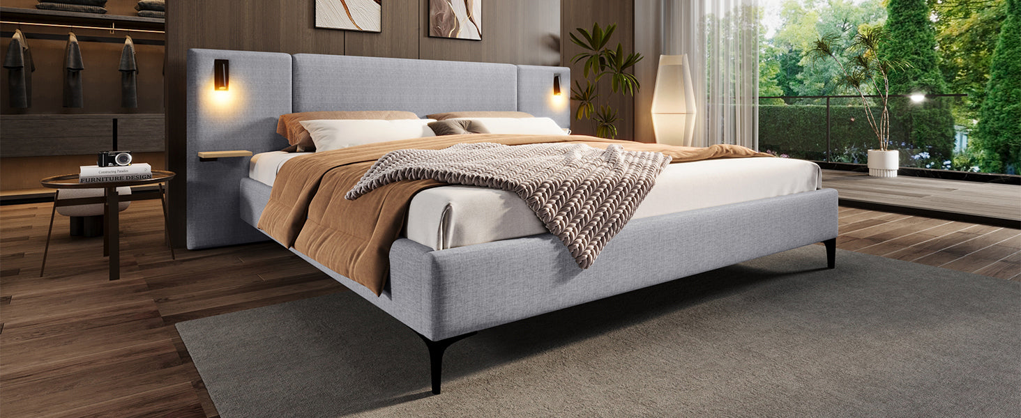 Chic Linen Upholstered Bed with Integrated Lights and Shelves, Grey, King Bed Frame