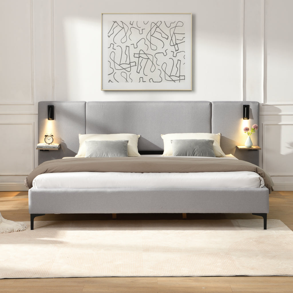Chic Linen Upholstered Bed with Integrated Lights and Shelves, Grey, King Bed Frame
