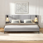 Chic Linen Upholstered Bed with Integrated Lights and Shelves, Grey, King Bed Frame