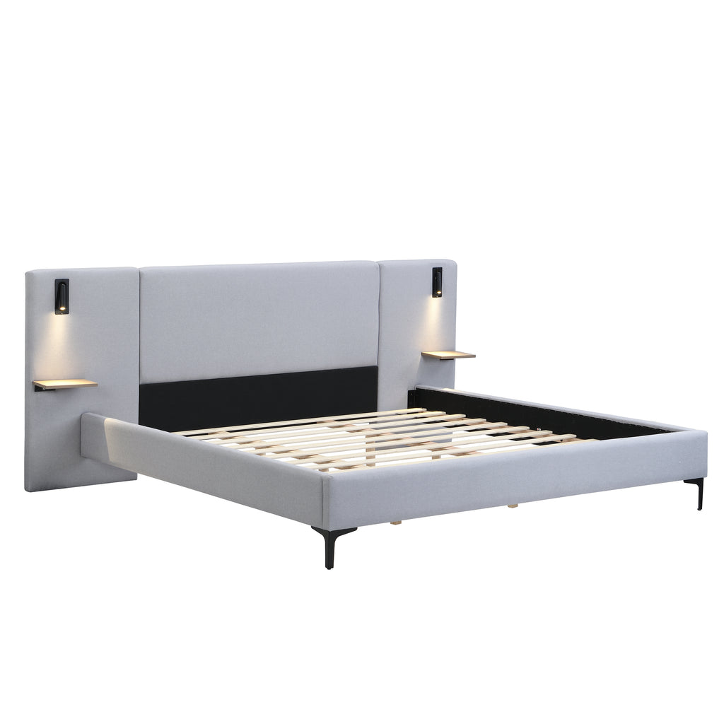 Chic Linen Upholstered Bed with Integrated Lights and Shelves, Grey, King Bed Frame