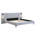 Chic Linen Upholstered Bed with Integrated Lights and Shelves, Grey, King Bed Frame