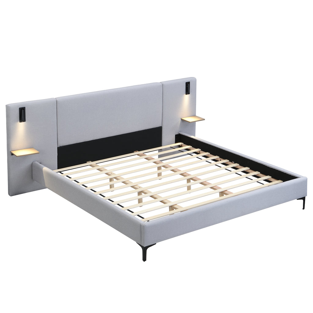 Chic Linen Upholstered Bed with Integrated Lights and Shelves, Grey, King Bed Frame